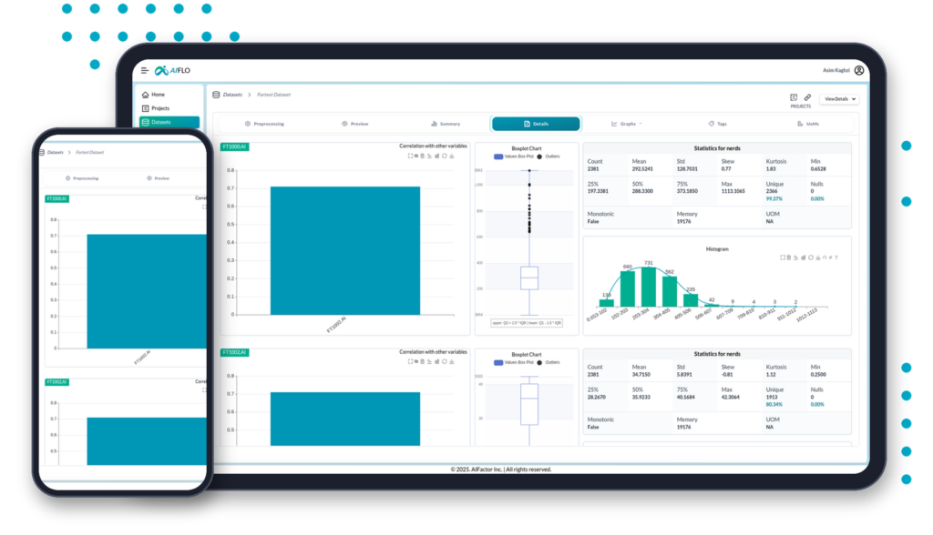AIFLO Dataset Details dashboard by AIFactor displaying variable correlations, boxplot charts, histograms, and in-depth statistical metrics.