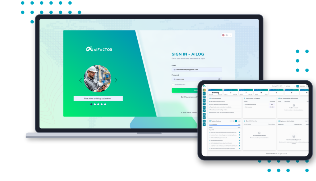 AILOG Digital Shift Logbook and Operations dashboard by AIFactor displaying real-time shift log collection, safety incidents, shift instructions, routines, and work permits